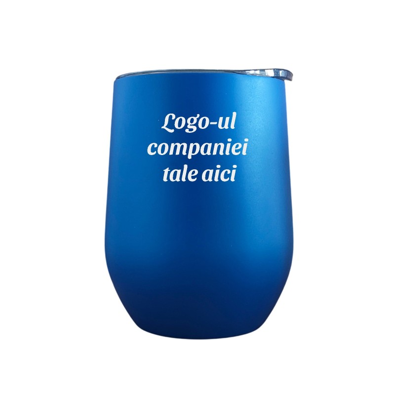 Termos Personalizat Pahar de Vin cu Capac Inox Albastru Logo Companie