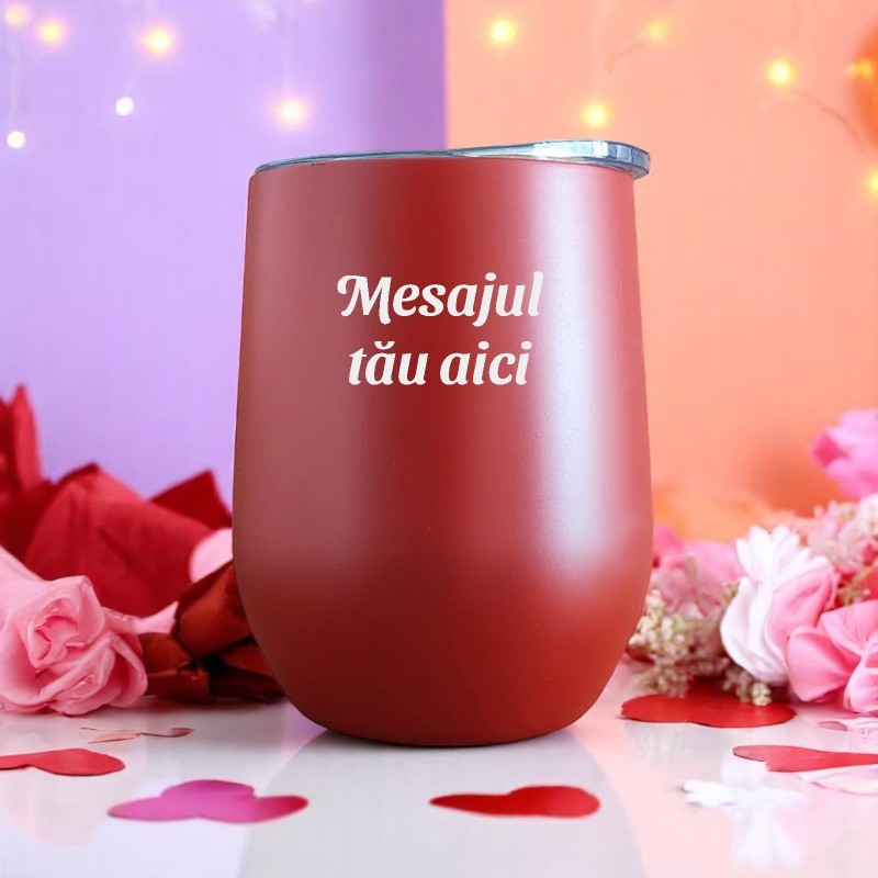 Termos Personalizat Pahar de Vin cu Capac Inox Rosu cu Mesajul Tau