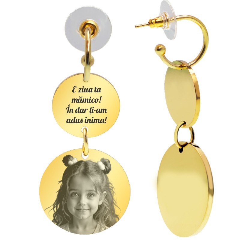 Cercei personalizati Banuti Inox Auriu Mesaj si Poza