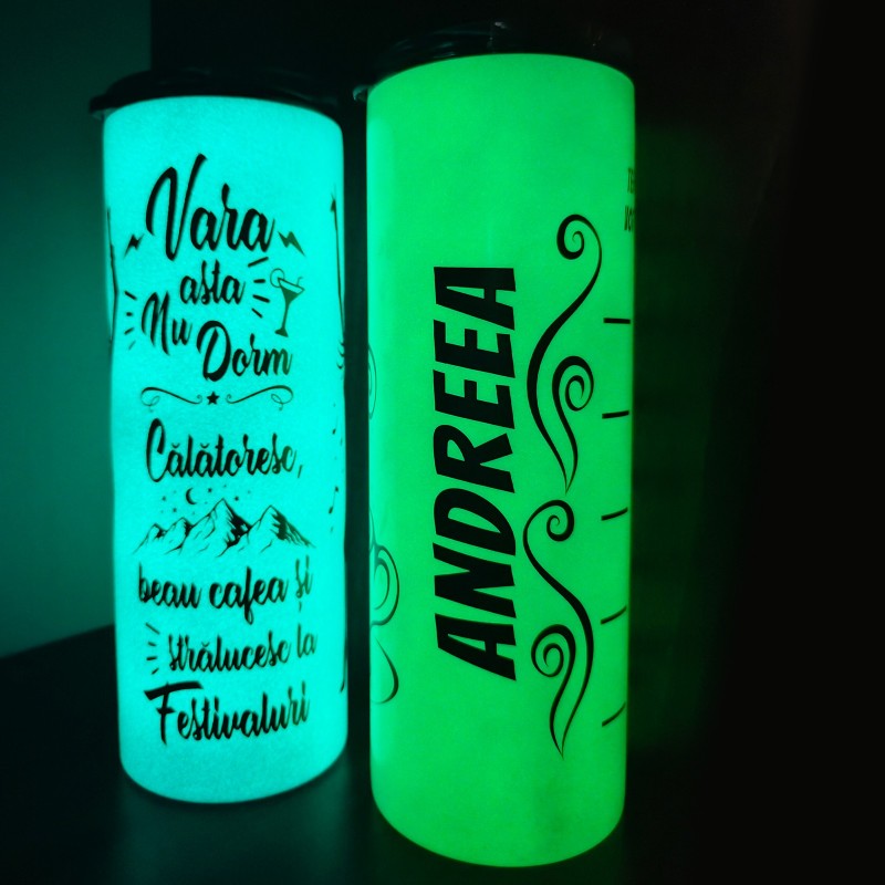 Termos Personalizat Fosforescent Alb Albastru Mesajul tau