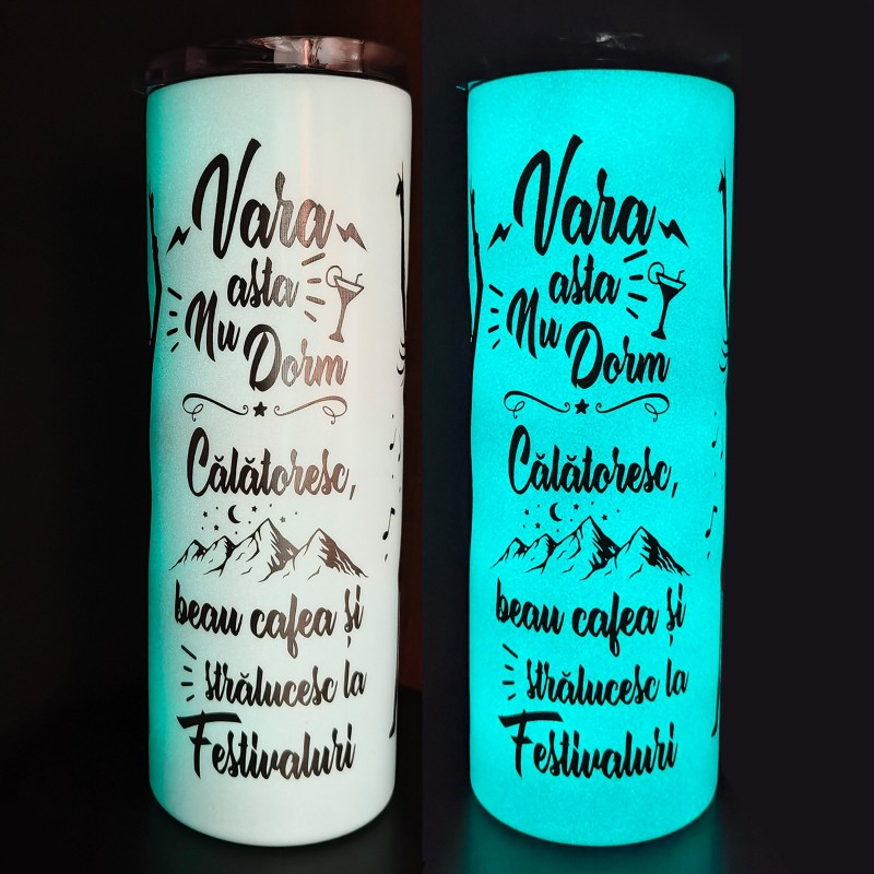 Termos Personalizat Fosforescent Alb Albastru Mesajul tau