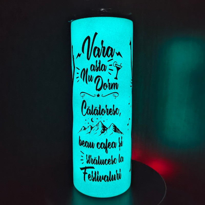Termos Personalizat Fosforescent Alb Albastru Mesajul tau