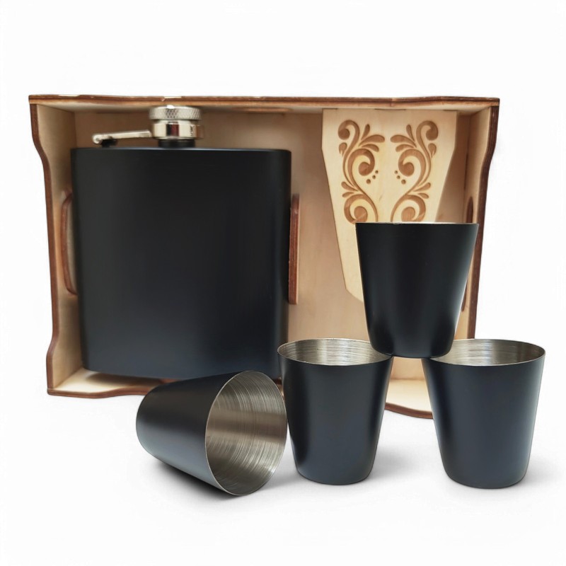 Set Cadou Pahare si Sticla de buzunar Personalizata Inox Negru Tava 200ml Cum Vrei Tu