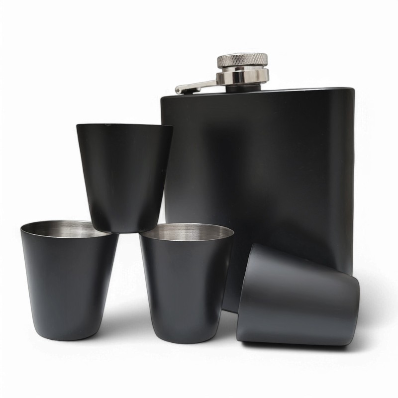 Set Cadou Pahare si Sticla de buzunar Personalizata Inox Negru Tava 200ml Cum Vrei Tu