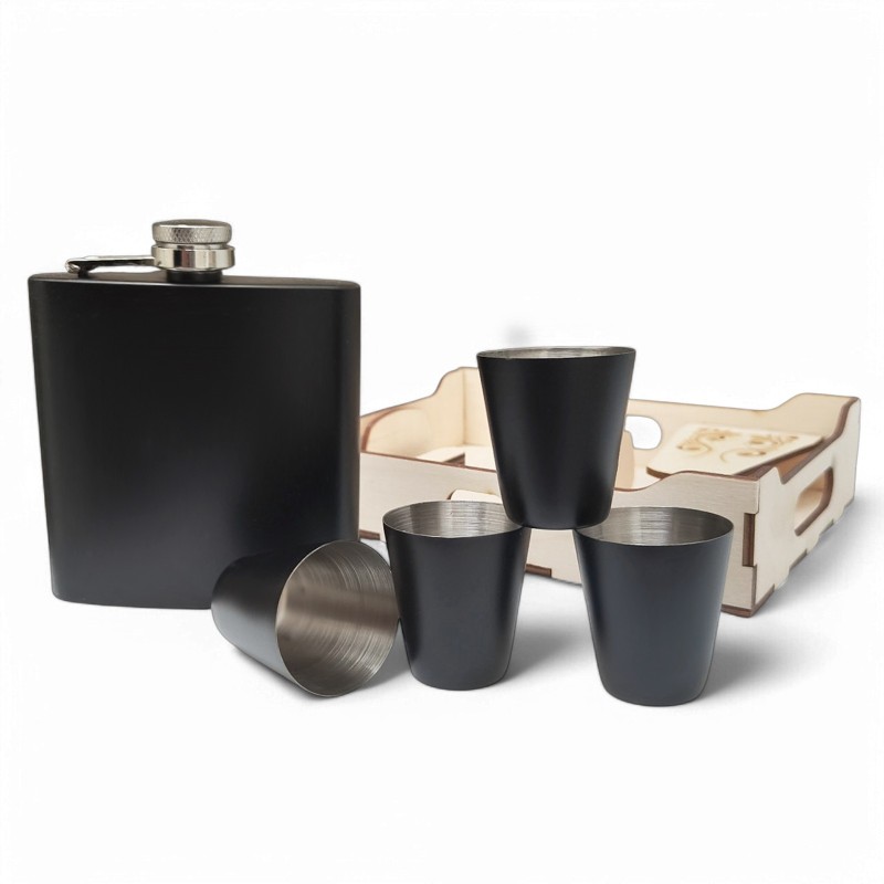                  Set Cadou Pahare si Sticla de buzunar Personalizata Inox Negru Tava 200ml Cum Vrei Tu
               
