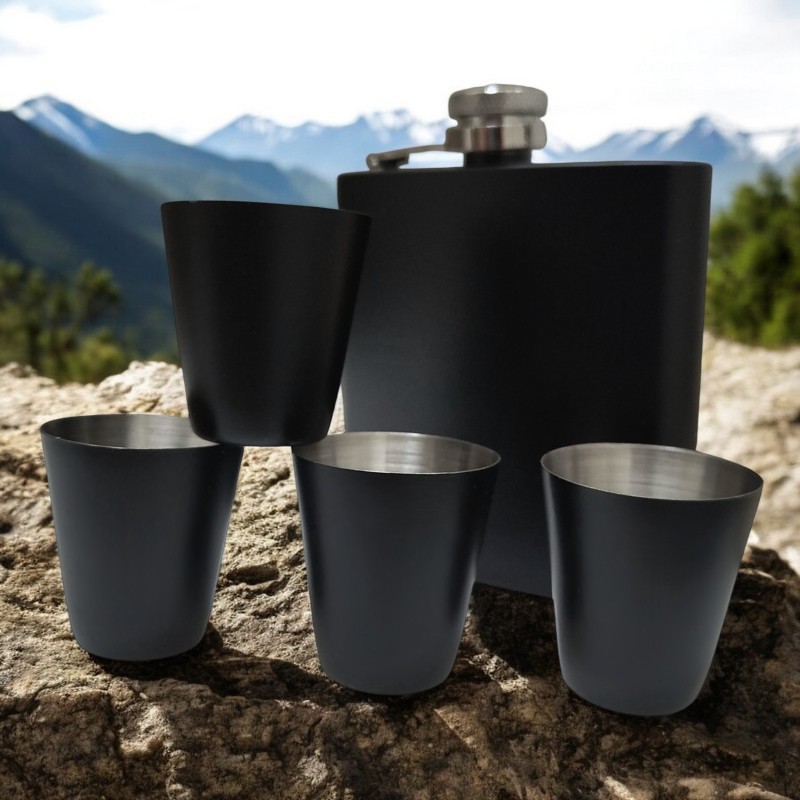                  Set Cadou Pahare si Sticla de buzunar Personalizata Inox Negru 200ml Cum Vrei Tu
               