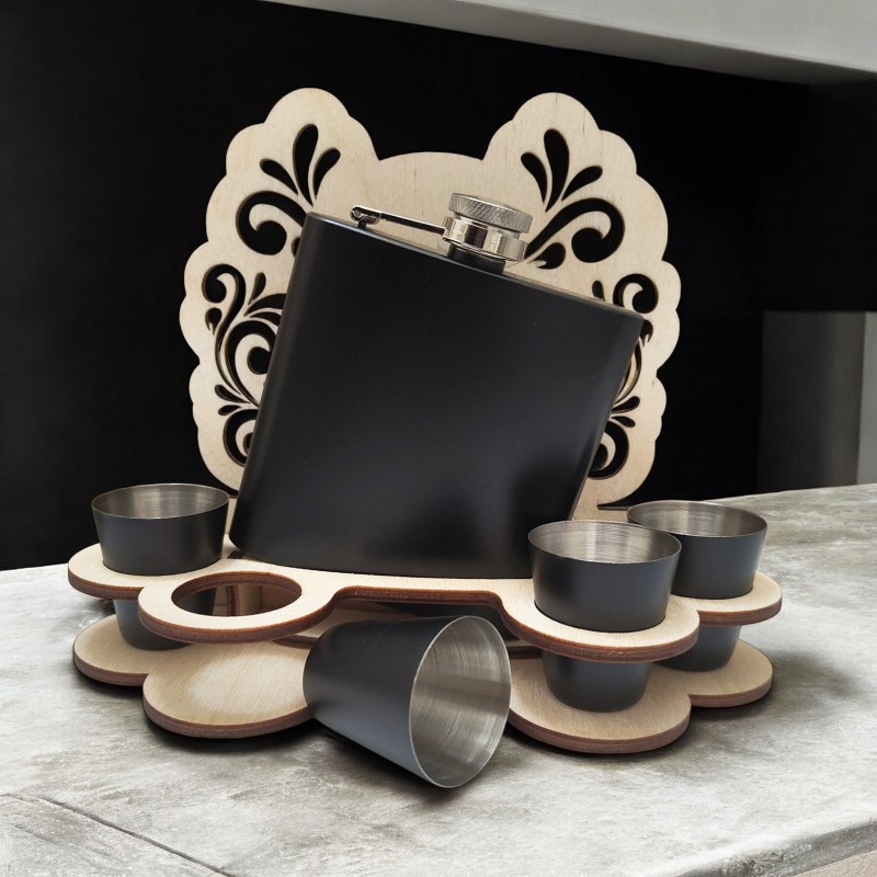 Set Cadou Pahare si Sticla de buzunar Personalizata Inox Negru 200ml Cum Vrei Tu