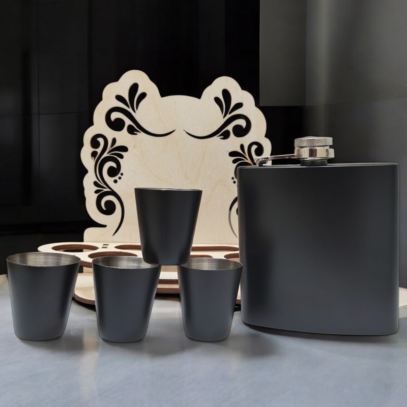 Set Cadou Pahare si Sticla de buzunar Personalizata Inox Negru 200ml Cum Vrei Tu