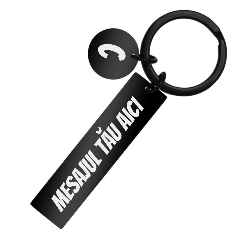 Breloc Personalizat Placuta Banut Inox Negru Mesajul Tau si Initiala
