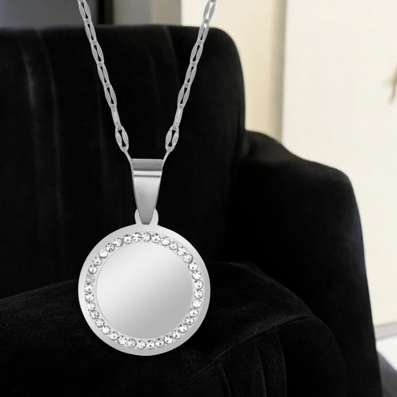                  Colier Personalizat Rotund Pietre Inox Argintiu Poza si Mesaj
               