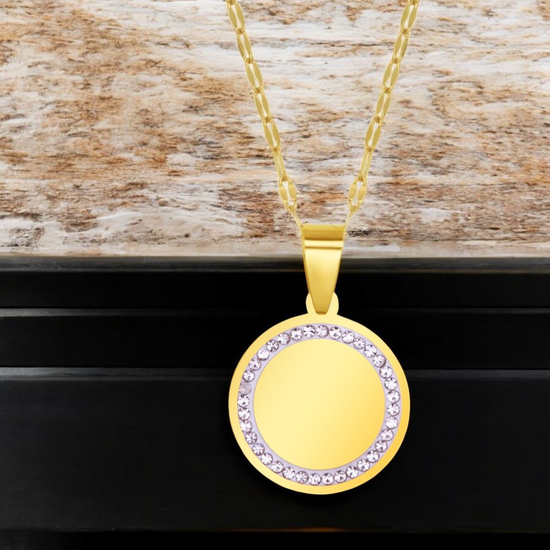                  Colier Personalizat Rotund Pietre Inox Auriu Poza si Mesaj
               