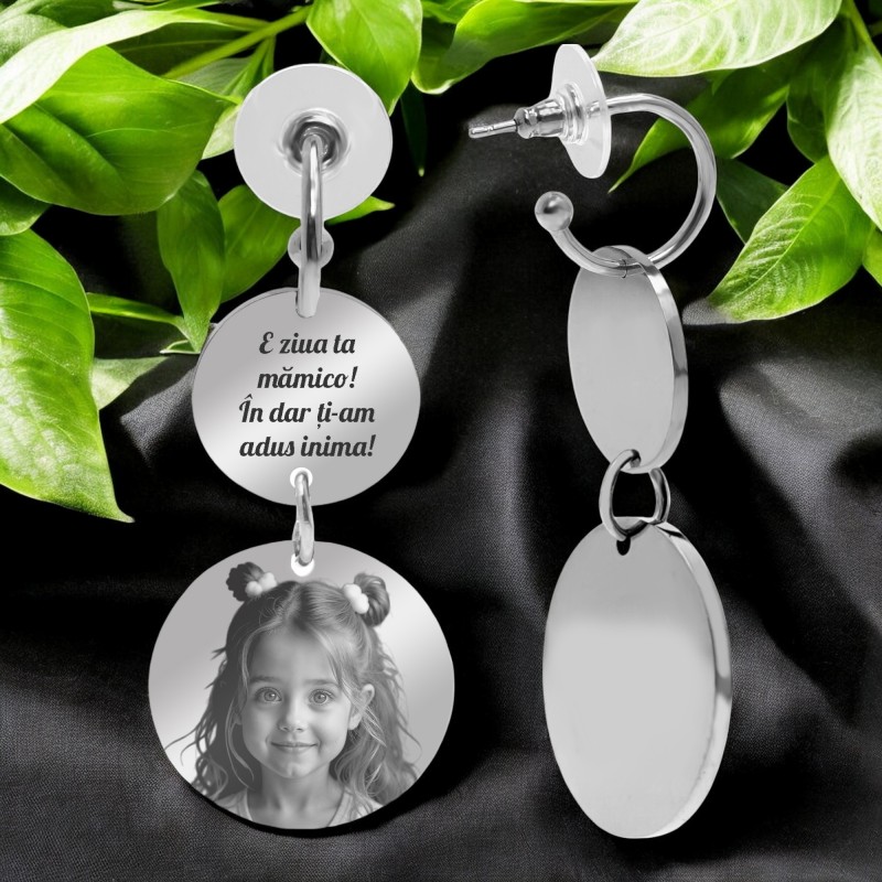                  Cercei personalizati Banuti Inox Argintiu Mesaj si Poza
               
