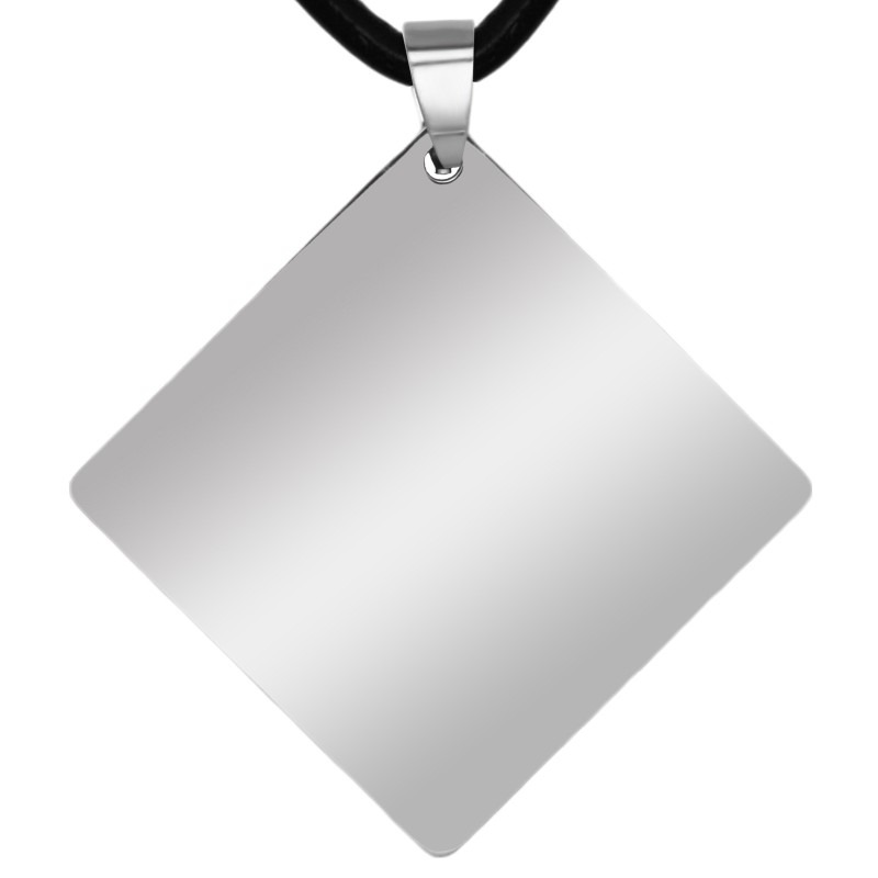 Colier Personalizat Romb Inox Argintiu Piele Poza si Mesaj