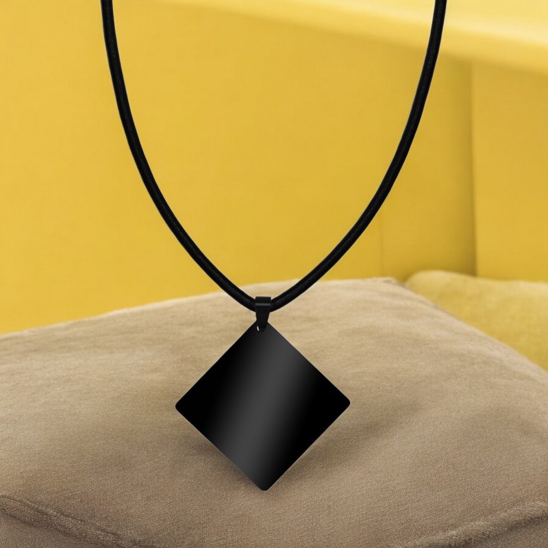Colier Personalizat Romb Inox Negru Piele Poza si Mesaj