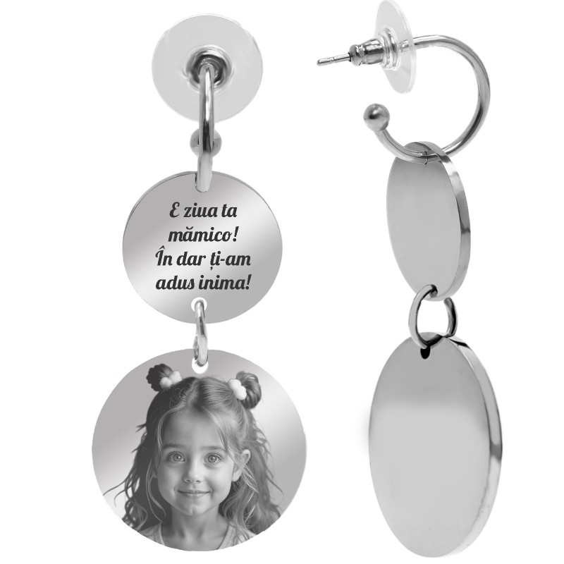                  Cercei personalizati Banuti Inox Argintiu Mesaj si Poza
               