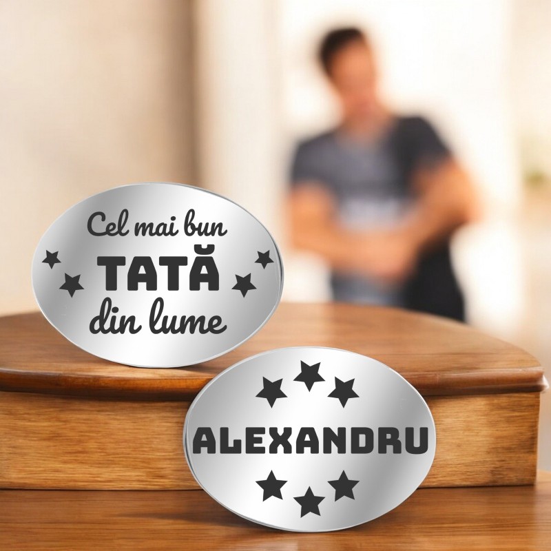 Butoni personalizati Oval Inox Argintiu Dedicatie Nume