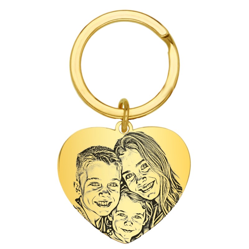 Breloc Personalizat Inima Mica Inox Auriu Poza si Mesaj