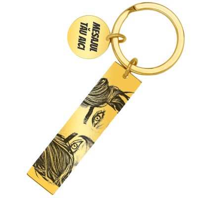 Breloc Personalizat Placuta Banut Inox Auriu Poza si Mesaj