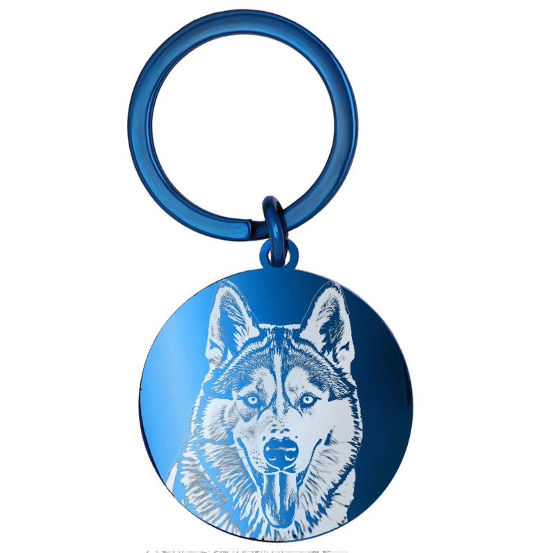Breloc Personalizat Banut Inox Albastru Poza si Mesaj