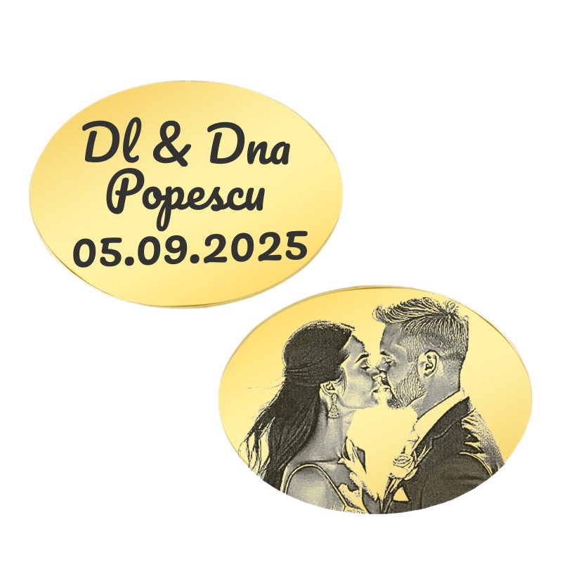 Butoni personalizati Oval Inox Auriu Poza si Mesaj