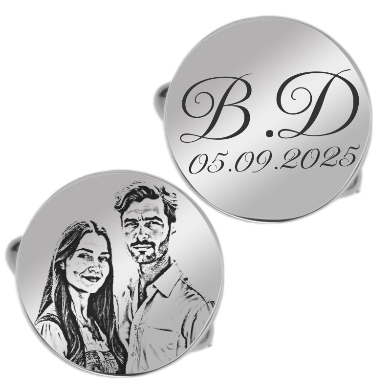                  Butoni personalizati Rotund Inox Argintiu Poza Data si Initiale
               