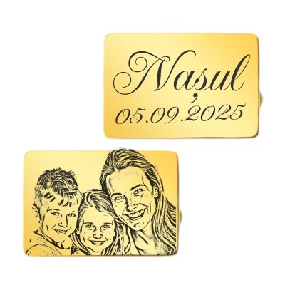 Butoni personalizati Dreptunghi Inox Auriu Poza Data si Mesaj