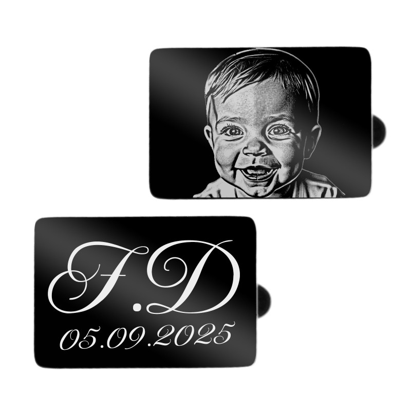                  Butoni personalizati Dreptunghi Inox Negru Poza Data si Mesaj
               