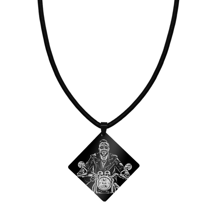                  Colier Personalizat Romb Inox Negru Piele Poza si Mesaj
               