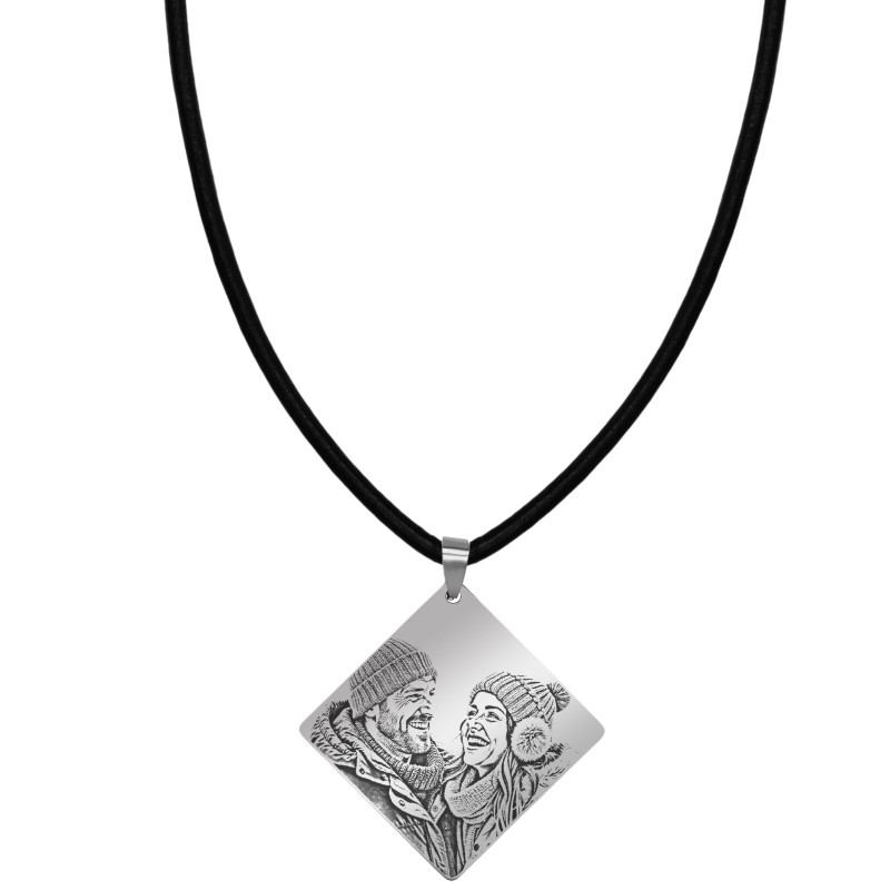                  Colier Personalizat Romb Inox Argintiu Piele Poza si Mesaj
               