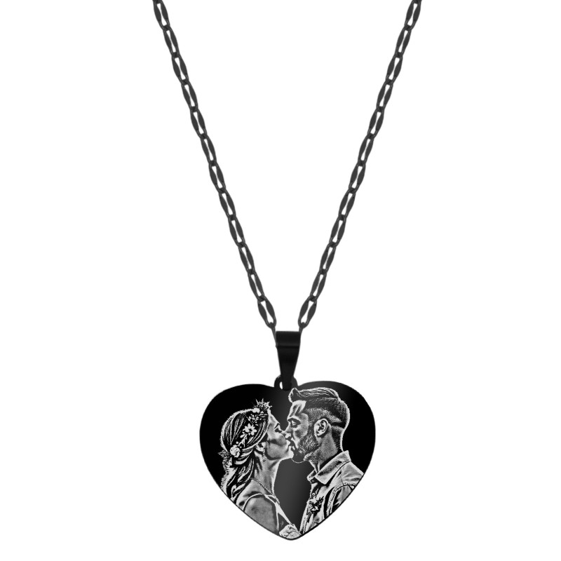 Colier Personalizat Inima Mica Inox Negru Poza si Mesaj