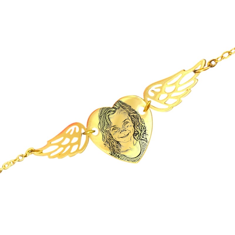                  Colier Personalizat Inima Aripi Inox Auriu Poza si Mesaj
               