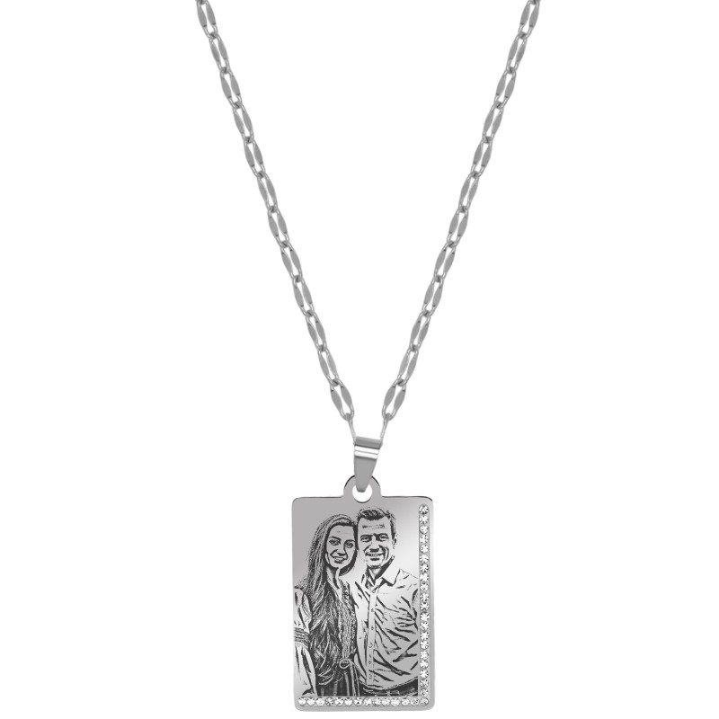 Colier Personalizat Dreptunghi Pietre Inox Argintiu Poza si Mesaj