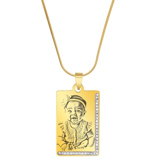 Colier Personalizat Dreptunghi Pietre Inox Auriu Lantisor Tub Poza si Mesaj
