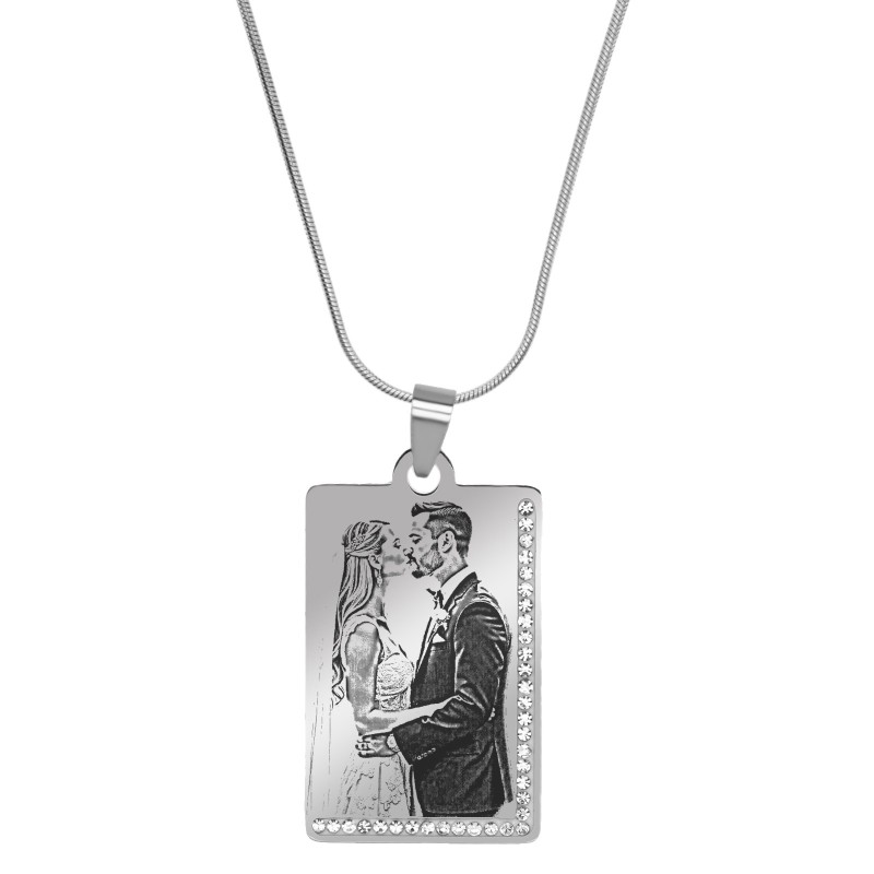 Colier Personalizat Dreptunghi Pietre Inox Argintiu Lantisor Tub Poza si Mesaj