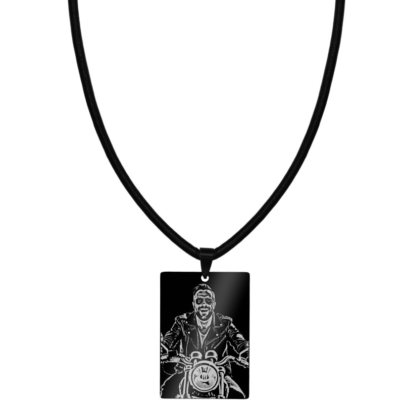 Colier Personalizat Dreptunghi Inox Negru Piele Poza si Mesaj