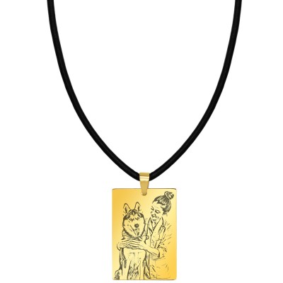Colier Personalizat Dreptunghi Inox Auriu Piele Poza si Mesaj