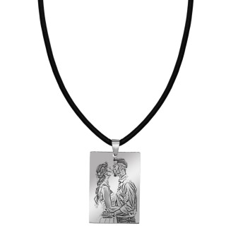 Colier Personalizat Dreptunghi Inox Argintiu Piele Poza si Mesaj
