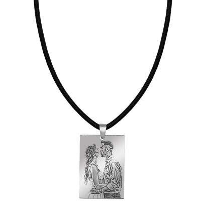 Colier Personalizat Dreptunghi Inox Argintiu Piele Poza si Mesaj