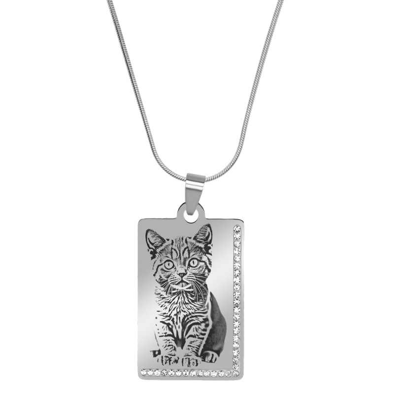                  Colier Personalizat Dreptunghi Pietre Inox Argintiu Lantisor Tub Poza Pisica Caine
               