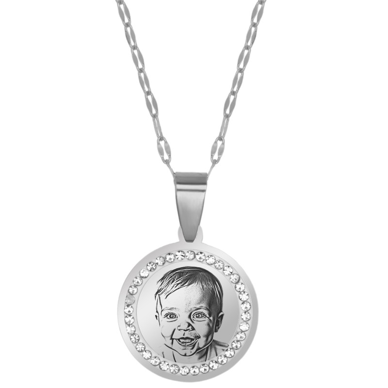                  Colier Personalizat Rotund Pietre Inox Argintiu Poza si Mesaj
               