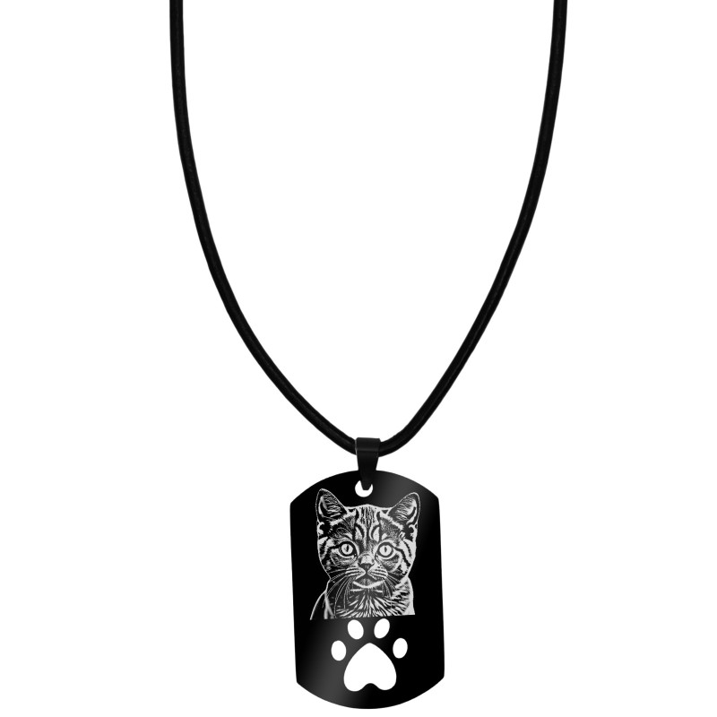 Colier Personalizat Army Labuta Inox Negru Piele Lantisor Poza Pisica Caine