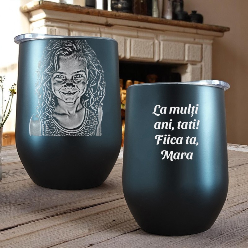 Termos Personalizat Pahar de Vin cu Capac Inox Negru Poza si Mesaj