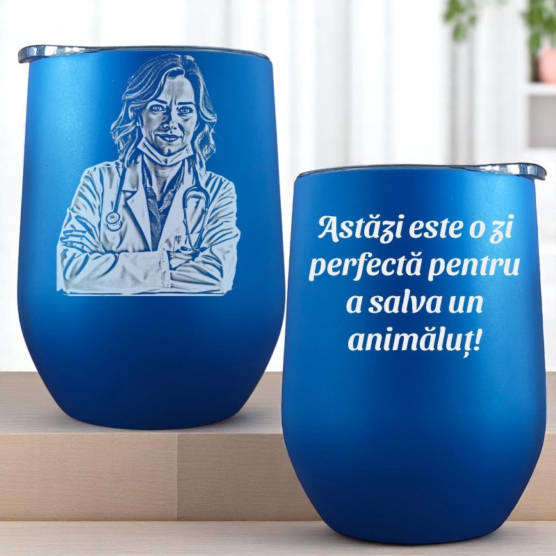 Termos Personalizat Pahar de Vin cu Capac Inox Albastru Poza si mesaj