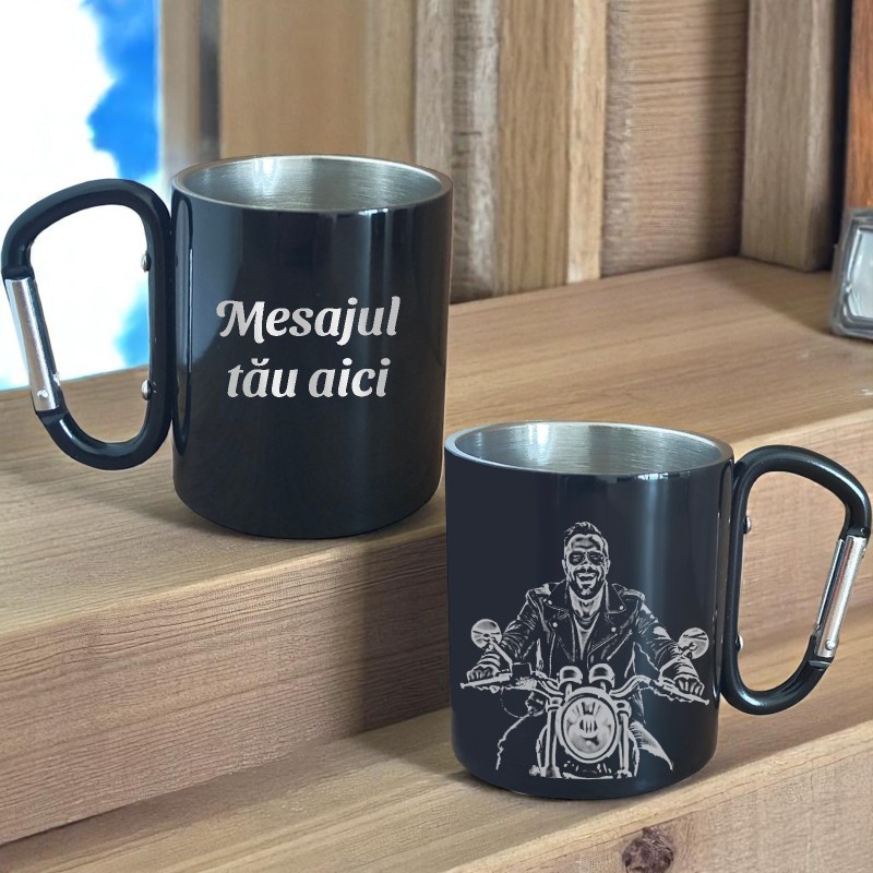Cana Personalizata cu Carabiniera Inox Negru Poza si mesaj
