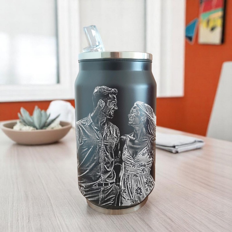 Termos Personalizat Doza cu Pai Inox Negru Poza si Mesaj