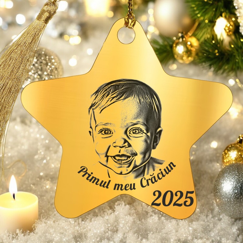 Decoratiune Personalizata Craciun Stea Inox Auriu Primul Craciun Poza