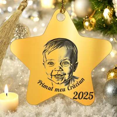 Decoratiune Personalizata Craciun Stea Inox Auriu Primul Craciun Poza