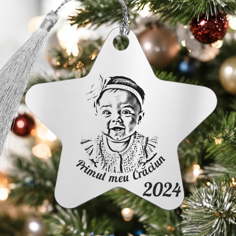 Decoratiune Personalizata Craciun Stea Inox Argintiu Primul Craciun Poza