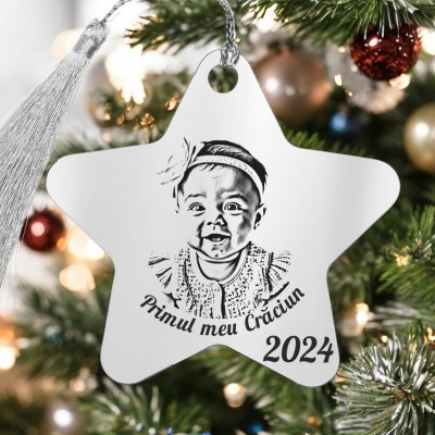 Decoratiune Personalizata Craciun Stea Inox Argintiu Primul Craciun Poza