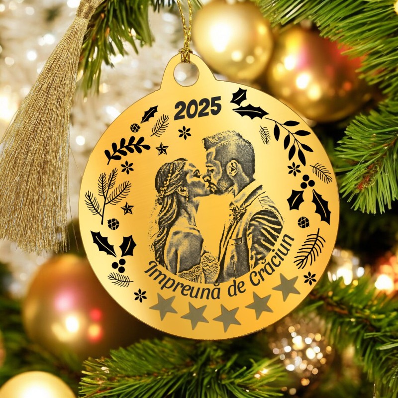 Decoratiune Personalizata Craciun Glob Inox Auriu Impreuna de Craciun
